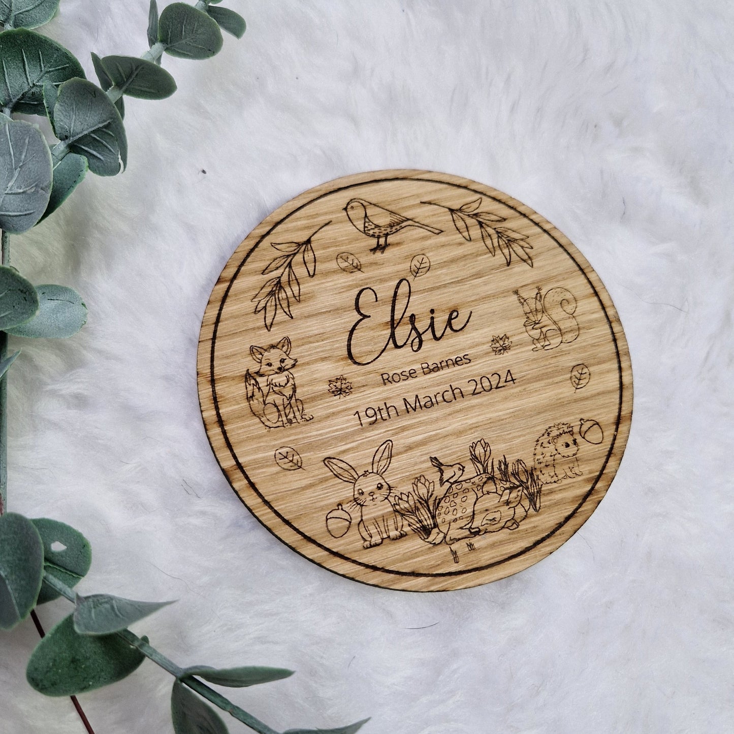 Baby Name Announcement Wooden Sign with Personalised Name and Birth Date - Woodland Friends