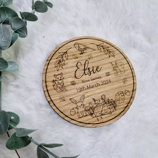 Baby Name Announcement Wooden Sign with Personalised Name and Birth Date - Woodland Friends