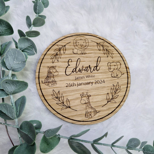 Oak Veneer Wooden engraved disc with cute safari animals baby name and date reveal photo prop