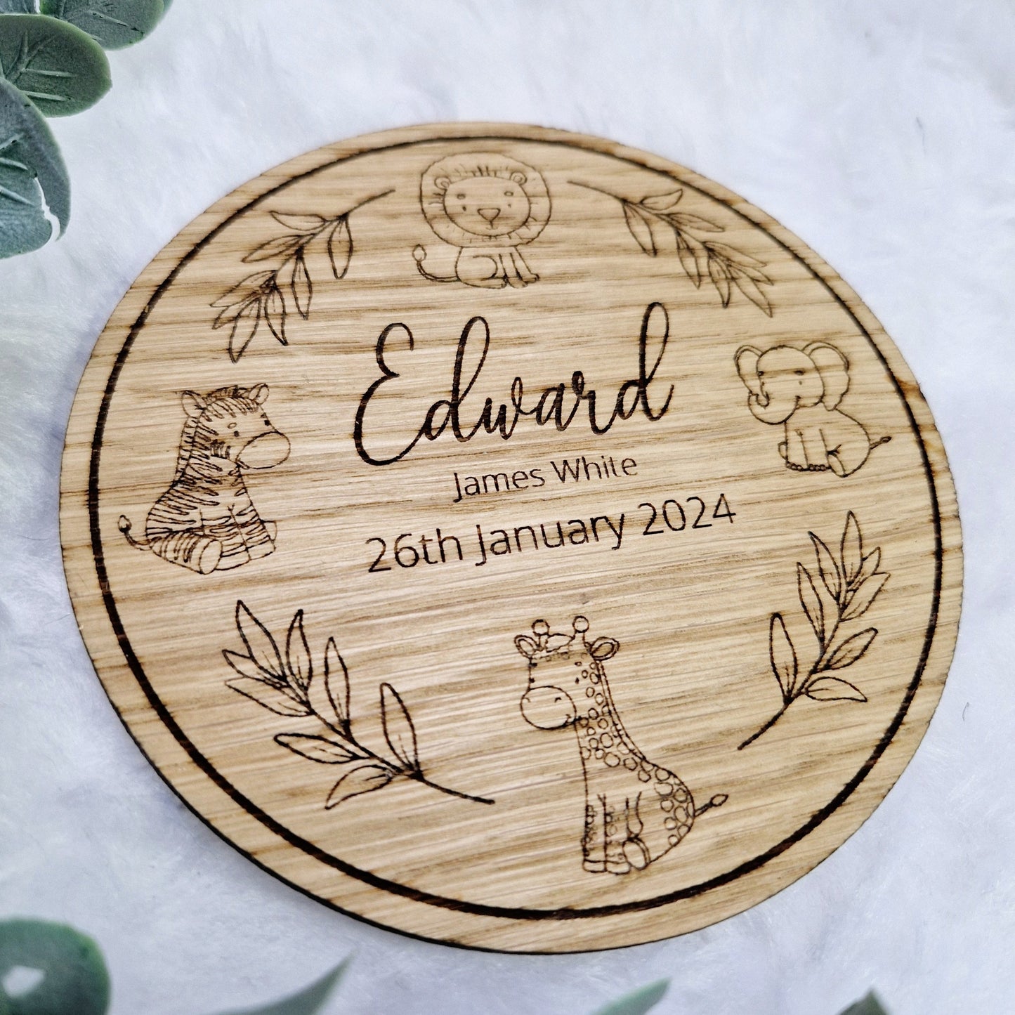 Baby Name Announcement Sign with Personalised Name and Birth Date - Safari Friends