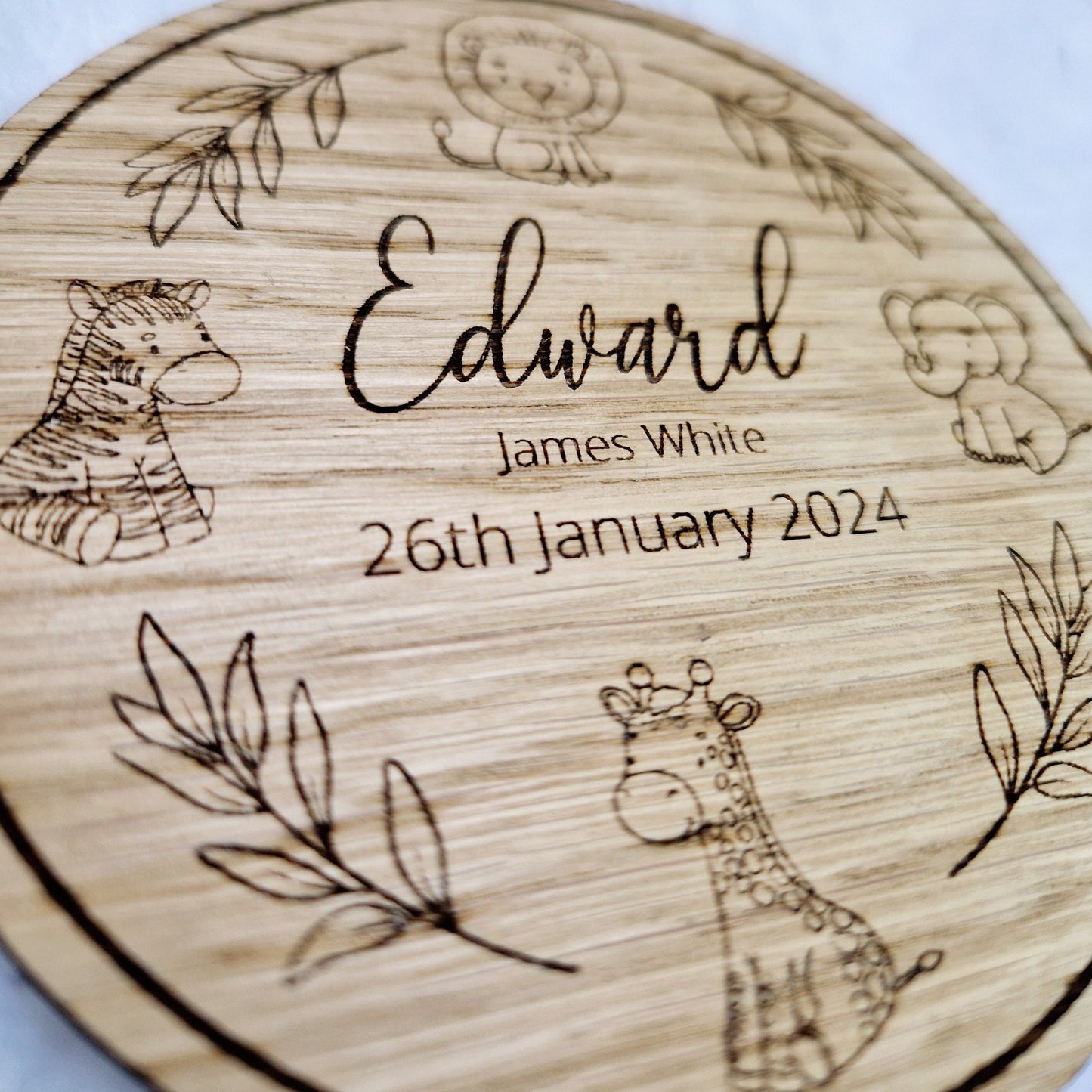 Baby Name Announcement Sign with Personalised Name and Birth Date - Safari Friends