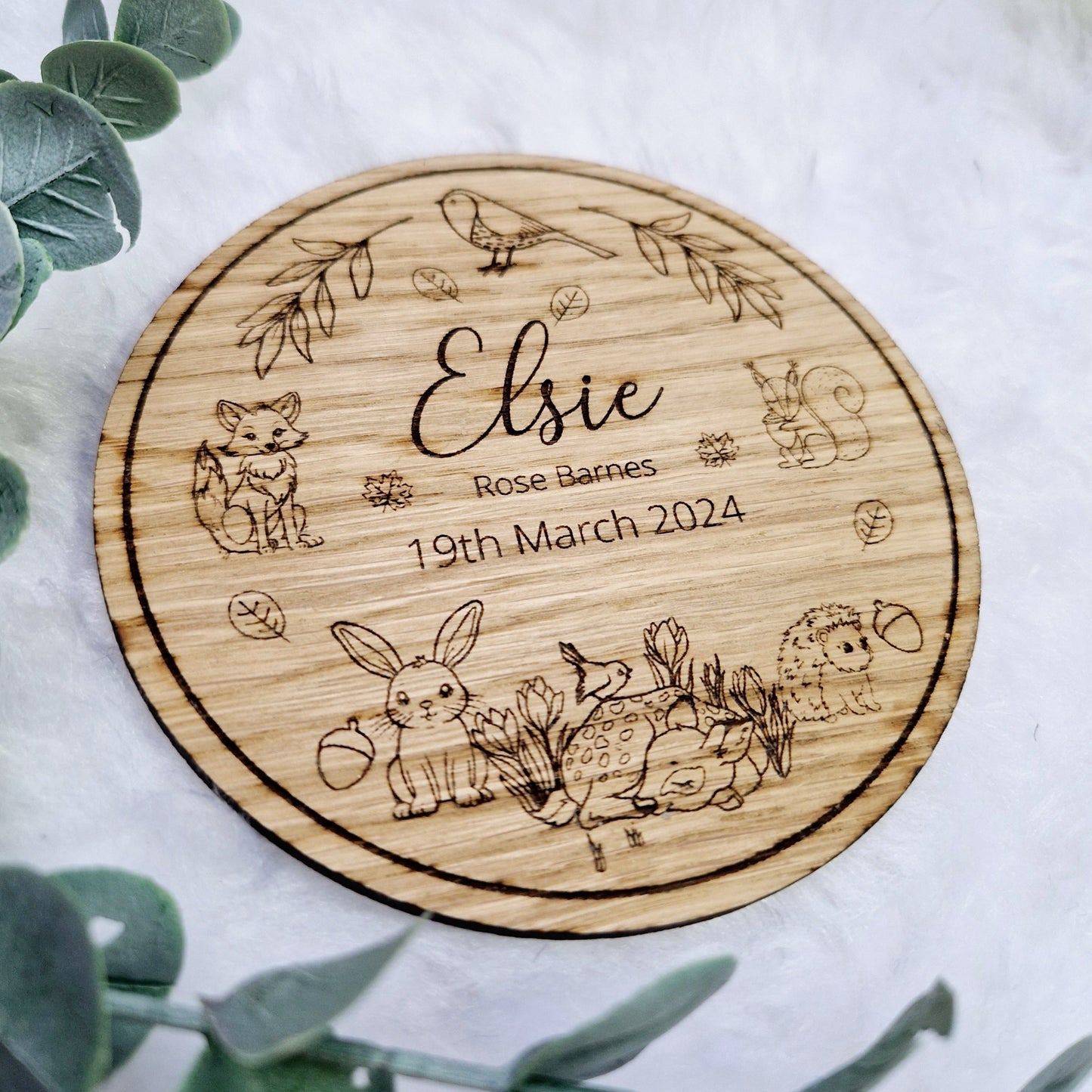 Baby Name Announcement Wooden Sign with Personalised Name and Birth Date - Woodland Friends