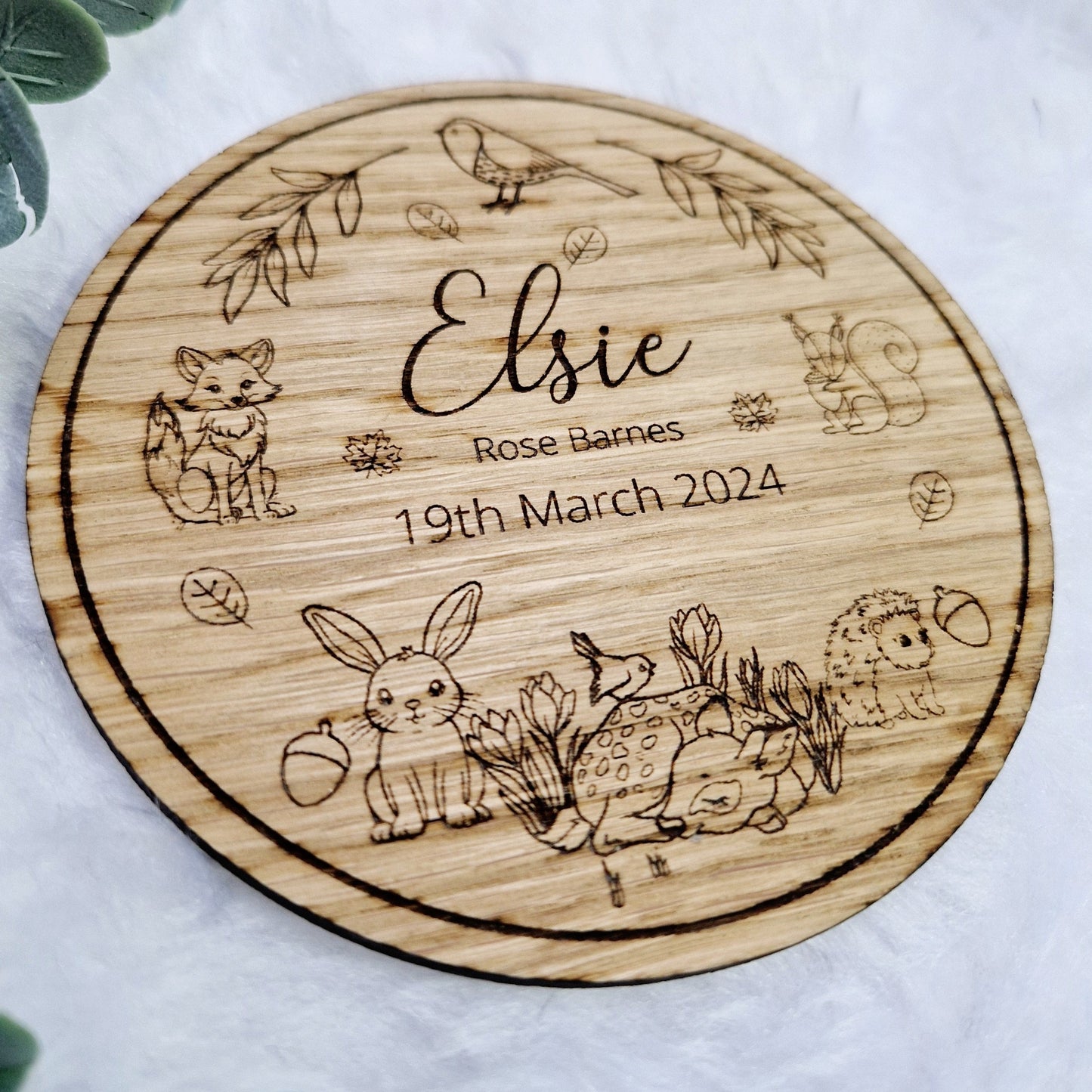 Baby Name Announcement Wooden Sign with Personalised Name and Birth Date - Woodland Friends
