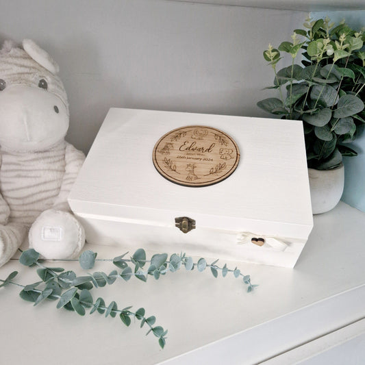 Neutral Baby Memory Box with wooden engraved topper featuring safari animals. Personalised with Babies full name and date of birth.