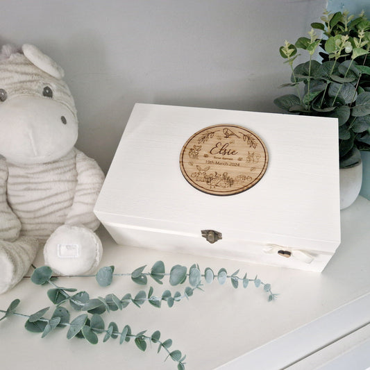Neutral Baby Keepsake Box. White wooden memory box with wooden oak veneer laser engraved Woodland Friends Topper. Personalised with Baby Name and Date of Birth.