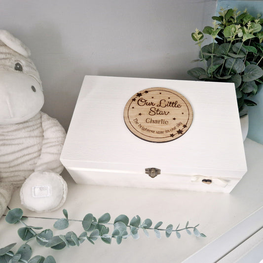 Baby Loss White Wooden Memory Box with oak veneer topper with Our Little Star and personalised to Name and date of birth.