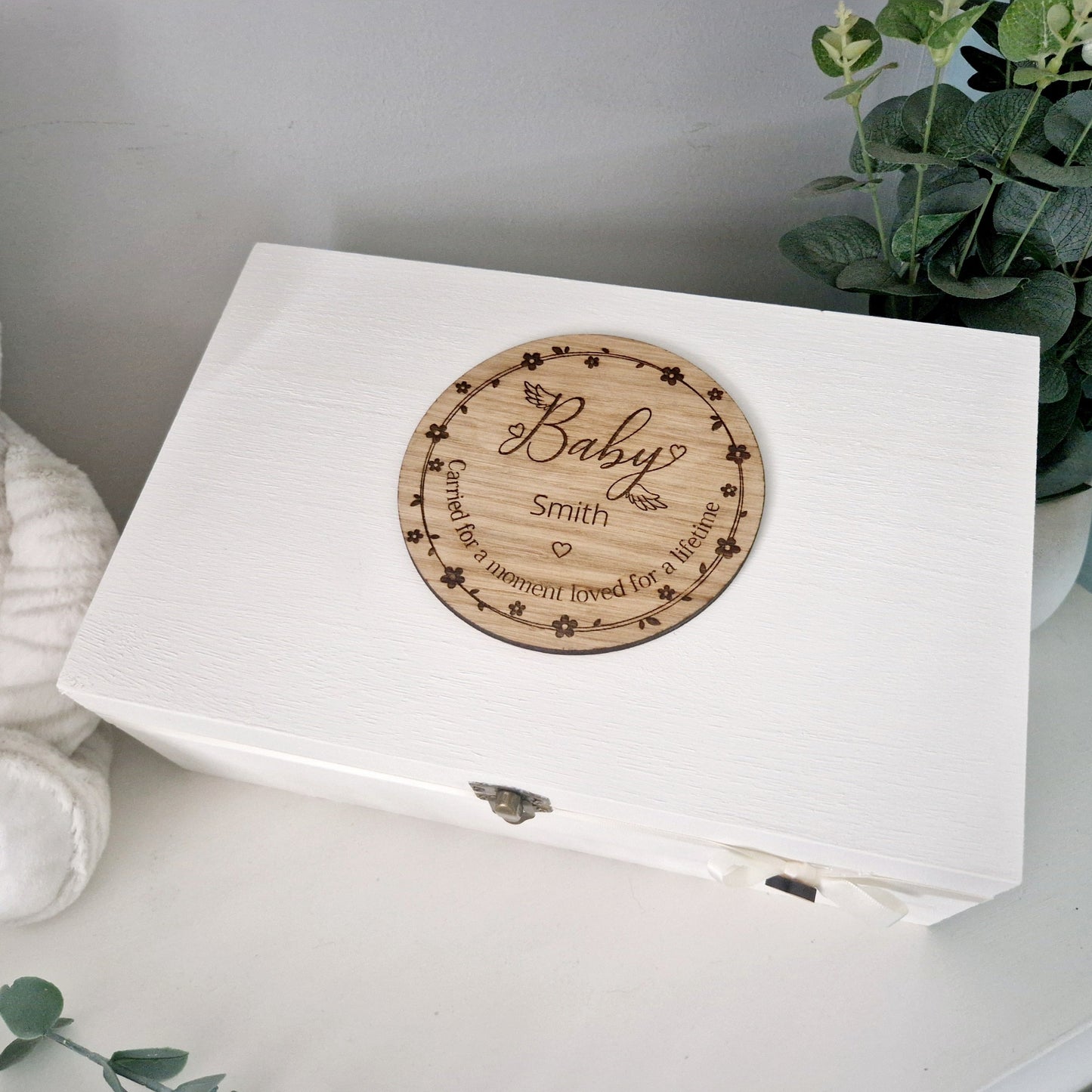 Baby Loss Memory Box. White wooden box with oak veneer topper with the words carried for a moment loved for a lifetime. Personalised to baby name.