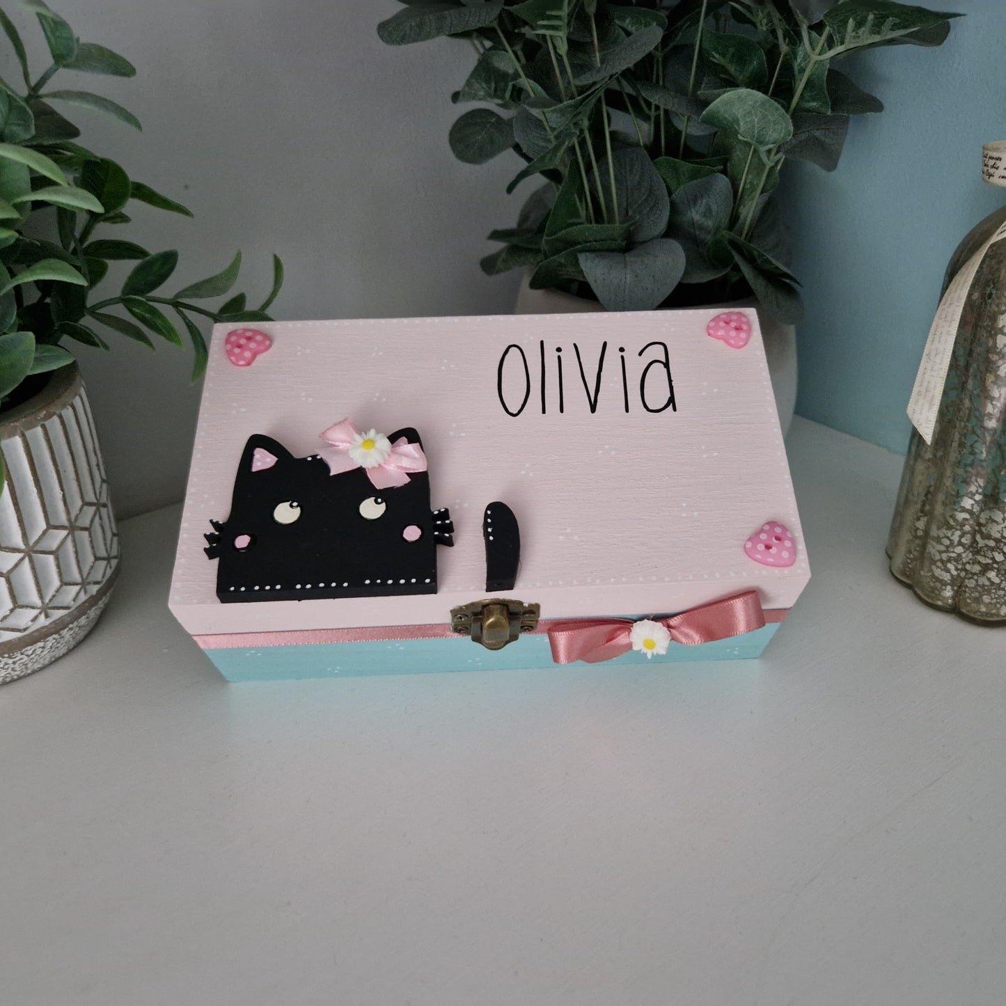 Cute Kitten Trinket Box in pink and blue personalised to any name. Girls Trinket Box Gift.