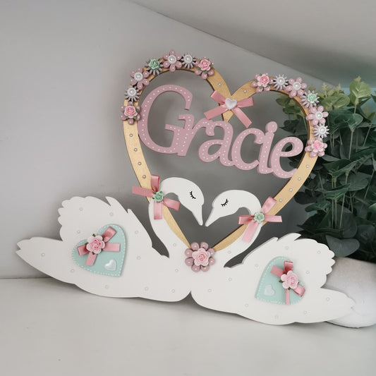 Pretty Swan Personalised Name Sign. Girls Bedroom wall Art