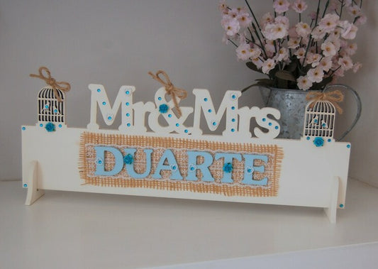 Personalised Unique Mr and Mrs Wedding Sign for Top Table or Reception. Custom made to your chosen colour scheme.