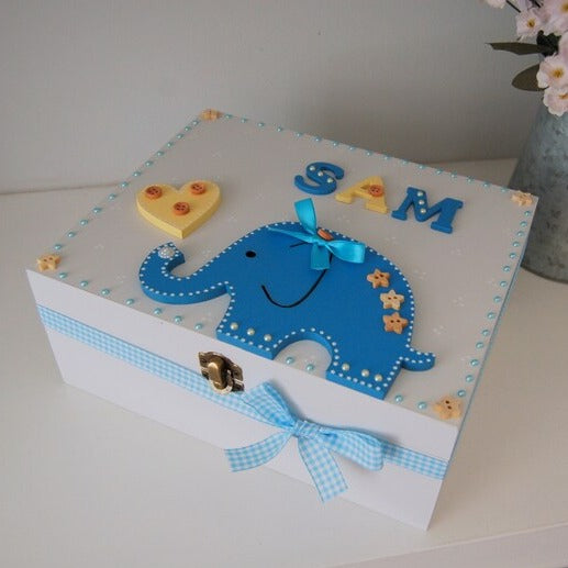 Cute Grey Wooden Baby Memory Box with Blue Elephant Topper and Personalised to Any Name.