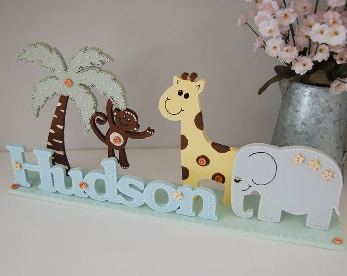 Cute Safari Friends Personalised Childrens Name Sign for Bedroom or Nursery