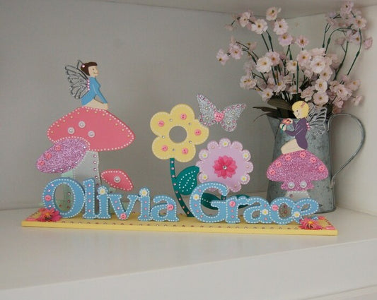 Fairy Garden Personalised Children's Name Sign. Pretty colourful bedroom sign.