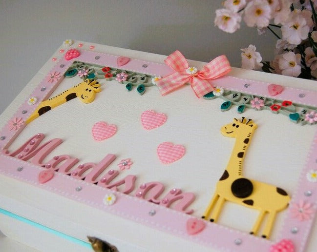 Personalised Girls Memory Box. White wooden box with cute giraffe and flower top.