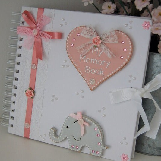 Pretty Baby Girl Memory Book/ Scrapbook/Journal/Photo Album with blank internal pages. Pretty pink ribbon and Elephant design