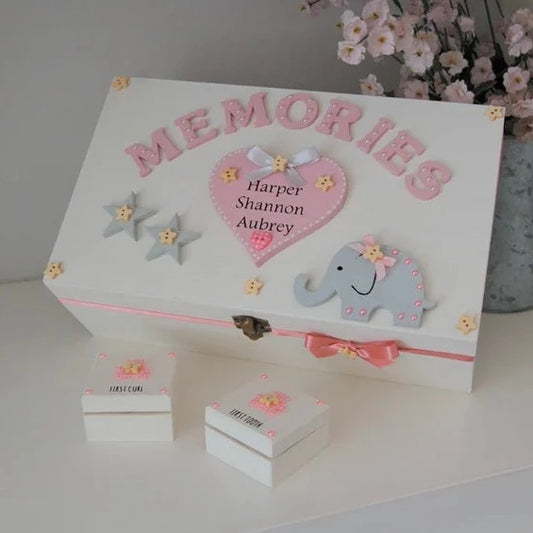 Baby Memory Box. Pink and White Elephant and Star design personalised.