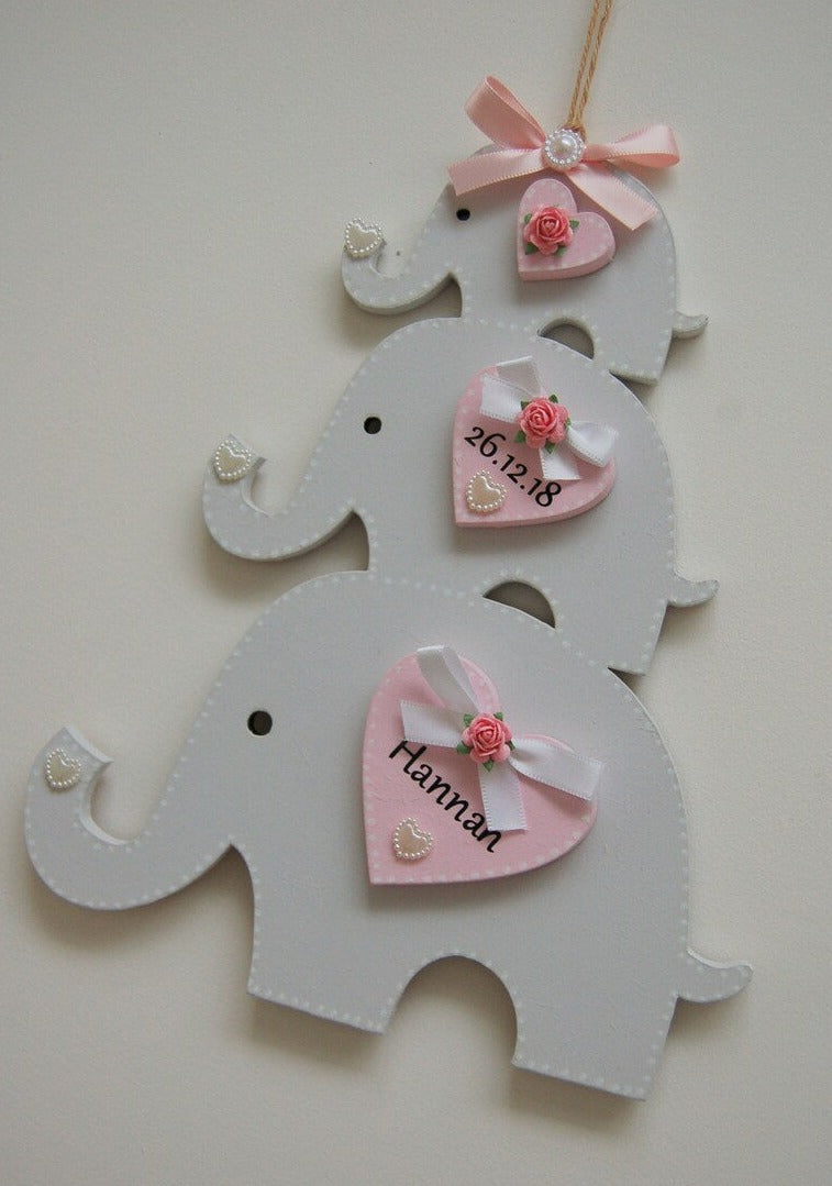 Cute Stacking Elephants Personalised New Baby Gift, Keepsake, Nursery Decoration
