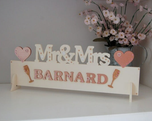 Personalised Mr and Mrs Wedding Sign for Top Table or Wedding Reception in Rose Gold.