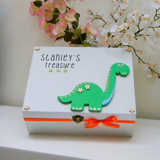Cute and colourful Personalised Dinosaur Keepsake Box/ Memory Box, Dinosaur Bedroom Storage Box