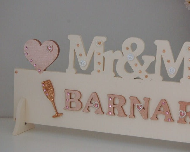 Personalised Mr and Mrs Wedding Sign for Top Table or Wedding Reception in Rose Gold.