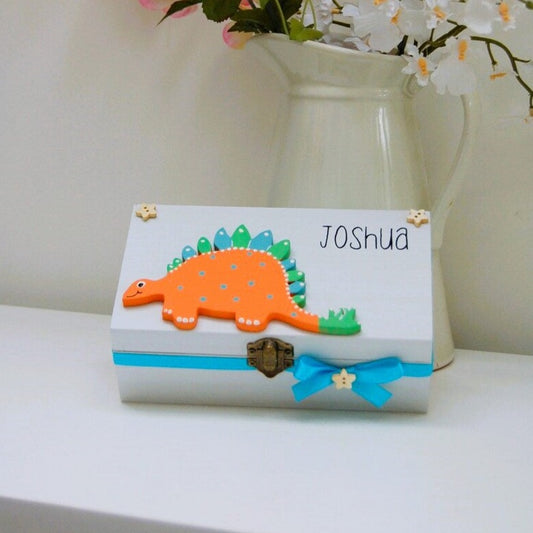 Personalised Trinket Box for Boys. Colourful wooden Dinosaur Box.