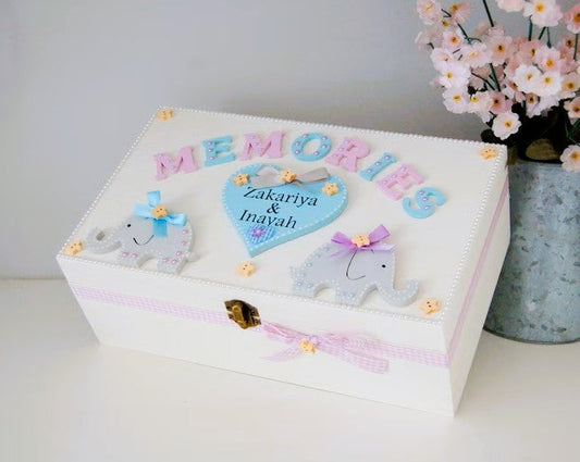 Lilac and Blue Cute Elephant Memory Box for Twins