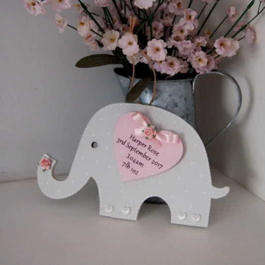 Personalised Hanging Elephant Keepsake Gift for new Baby Girl with name and birth details.