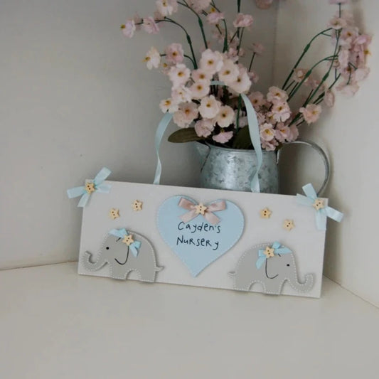Personalised Nursery Door Sign/ Plaque with cute elephants