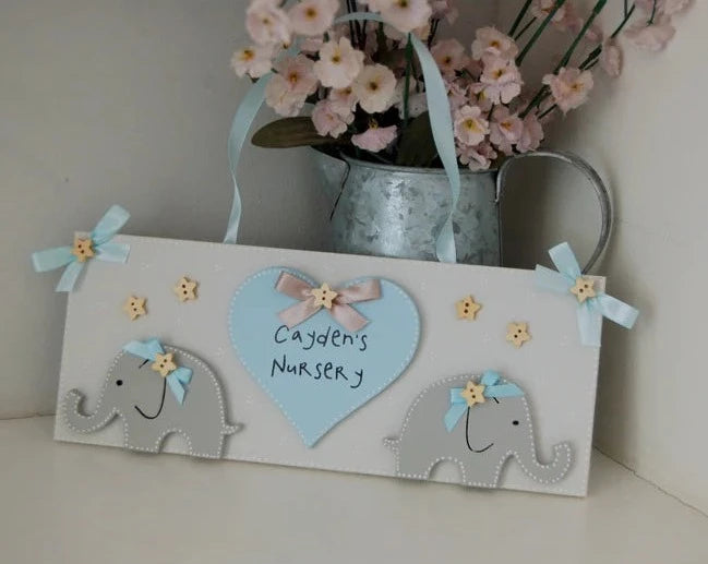 Blue and Grey Personalised Nursery Door Sign/ Plaque with heart and two elephants.