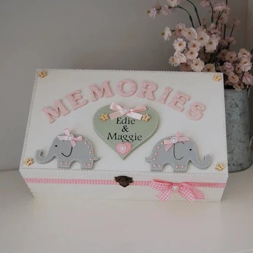 Pretty Personalised Wooden Keepsake Memory Box for Girl/ Twin Girls. Cute Elephants with pink ribbon bows and star buttons.
