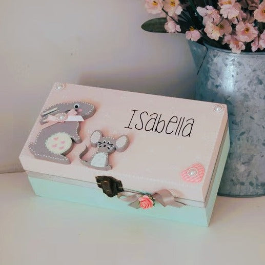 Cute Little Girls Wooden Trinket Box with Bunny and Mouse Design Personalised to Name