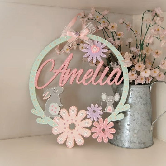 Pretty Rabbit and Mouse Nursery Name Hoop/ Wreath with flowers and bows.