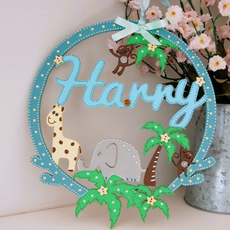 Safari Jungle Nursery Personalised Name Hoop Door Sign Wall Art