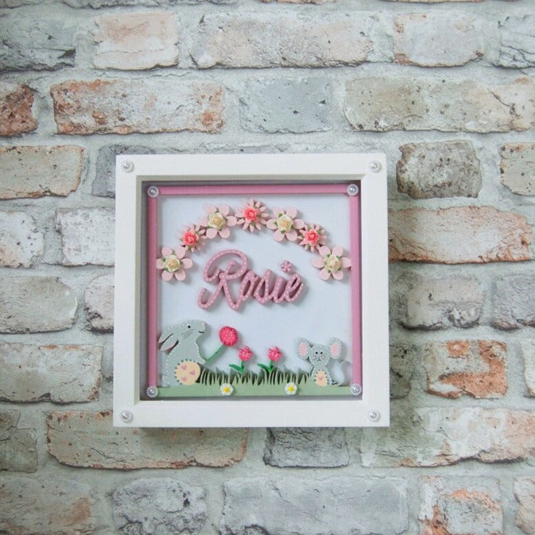 Cute Bpx Frame Art with Personalised Name and Cute Bunny in the Garden Scene