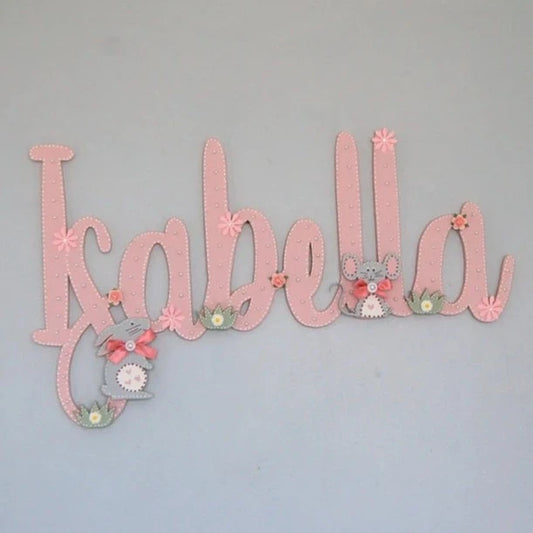 Pink Wooden Wall Art Name for Girls Bedroom or Nursery. Bunny and Mouse design with flowers. 