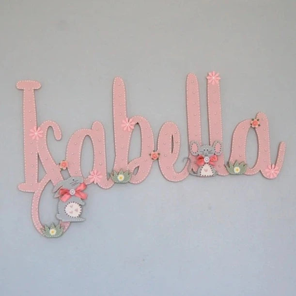 Pink Wooden Wall Art Name for Girls Bedroom or Nursery. Bunny and Mouse design with flowers. 
