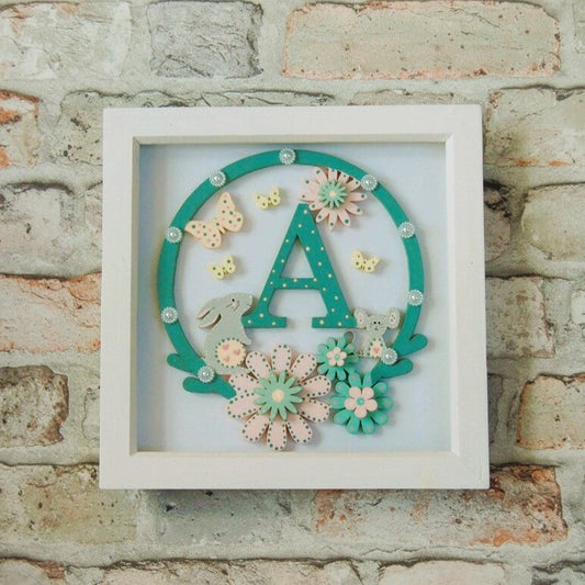 Framed Wooden Initial Art for New Baby. Nursery Picture Wall Art