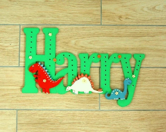 Green Dinosaur Wall Name with three colourful dinosaurs Personallisaed to any Name
