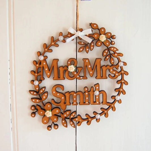 Rustic Wooden MDF Mr and Mrs Personalised Surname Sign floral hoop design