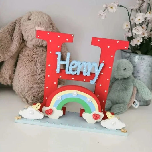 Rainbow and Clouds Personalised Wooden Freestanding Initial for Childrens Bedroom or Nursery.