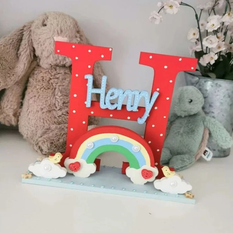 Rainbow and Clouds Personalised Wooden Freestanding Initial for Childrens Bedroom or Nursery.