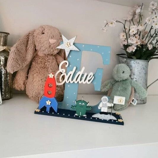 Space theme Cool Bedroom Signs for Boys. Wooden Personalised Letter and Initial decor item