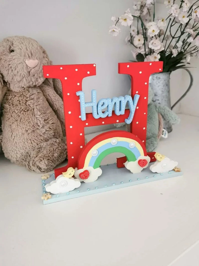 Rainbow and Clouds Personalised Wooden Freestanding Initial for Childrens Bedroom or Nursery.