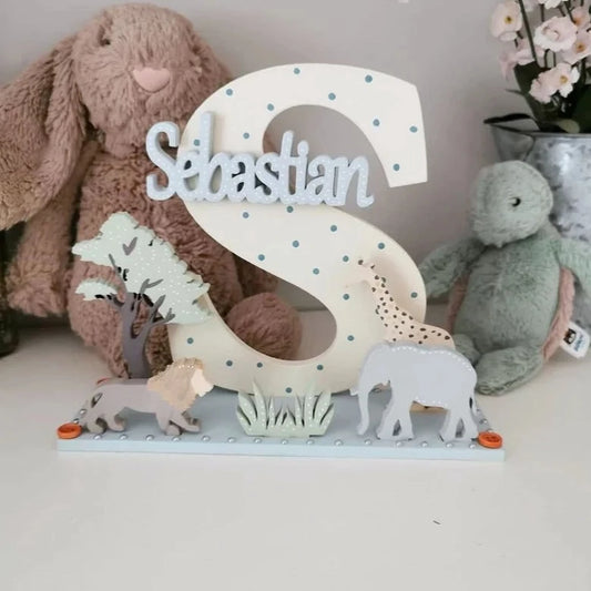 Neutral Safari Personalised Wooden Letter for Nursery or Bedroom. Giraffe, Lion and Elephant. New Baby Personalised Gift.