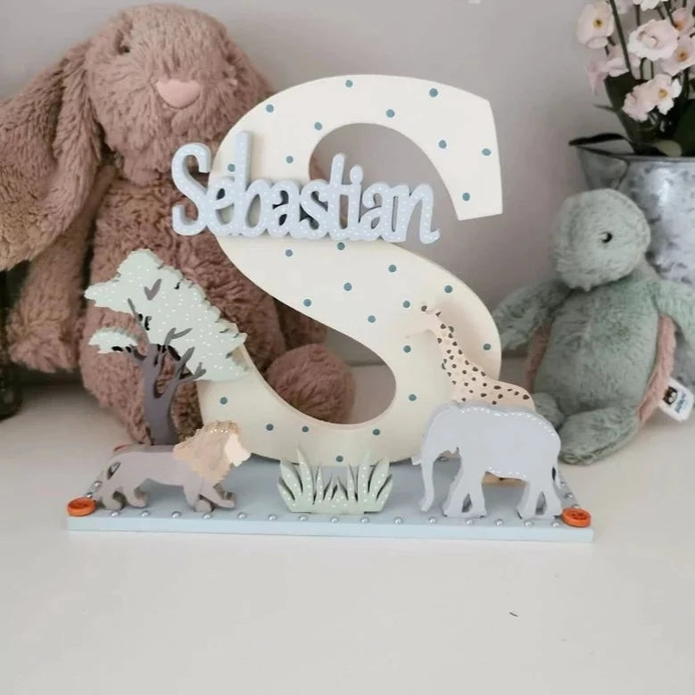 Neutral Safari Personalised Wooden Letter for Nursery or Bedroom. Giraffe, Lion and Elephant. New Baby Personalised Gift.