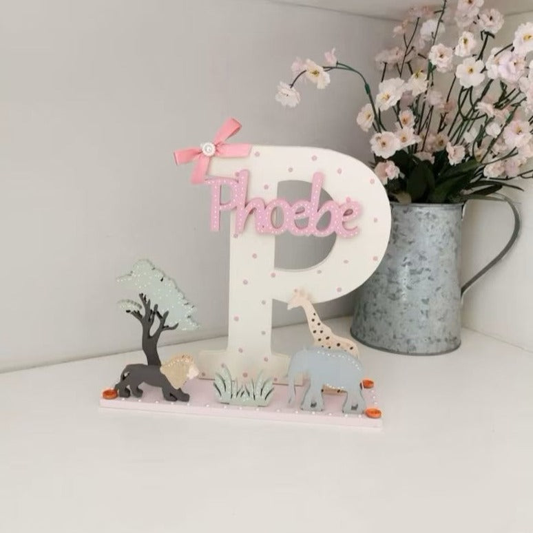 Pink Safari Nursery Wooden Letter Initial Personalised New Baby Gift