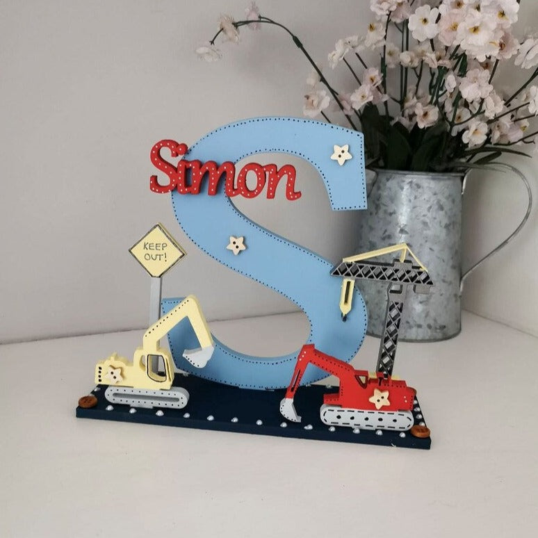 Construction Theme Wooden Personalised Letter. Boys Bedroom Wooden Letters and Name Sign in Building site theme.
