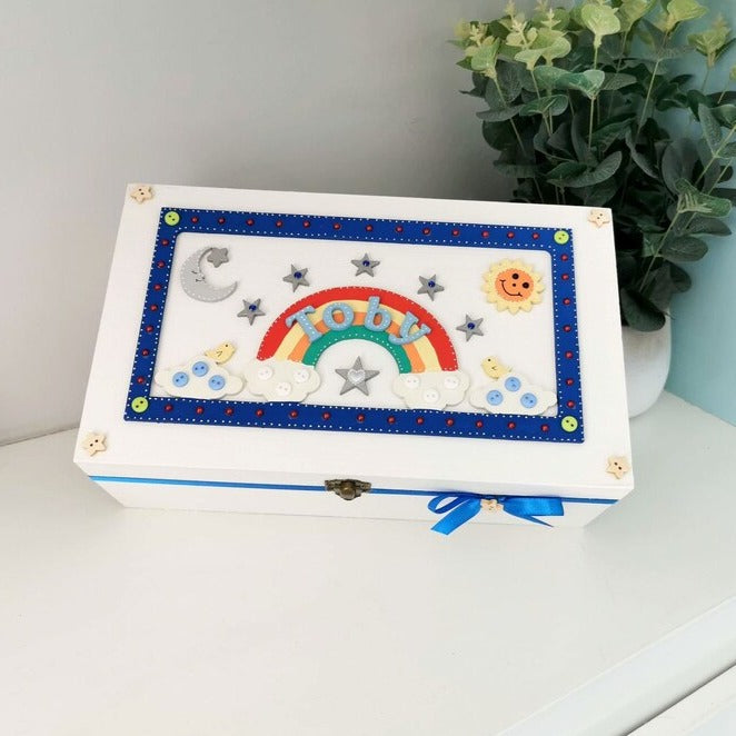 Rainbow Childrens Memory Box Personalised Name. Bright and colourful childrens keepsake box