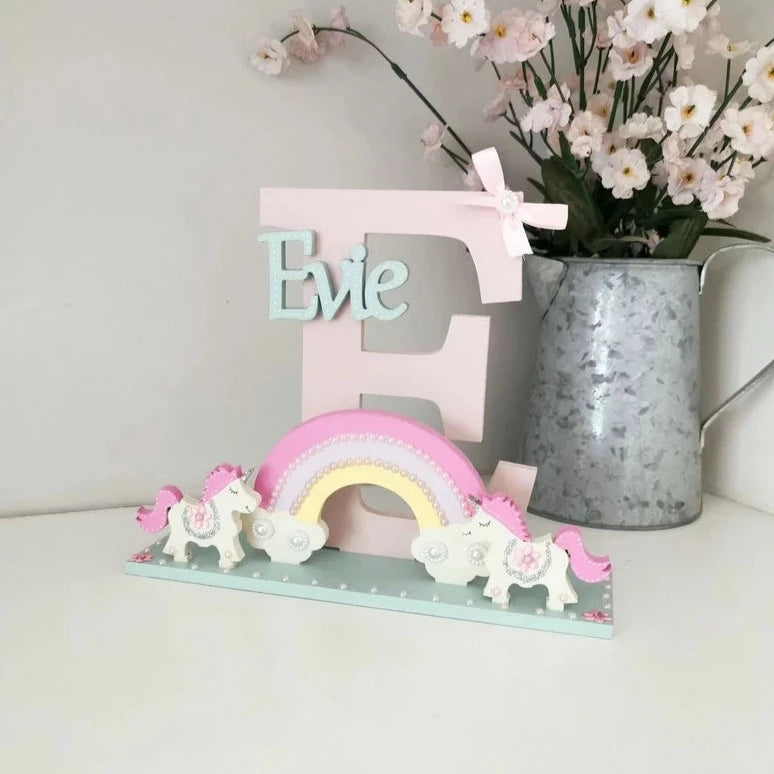 Pretty Pink Unicorn and Rainbow Wooden Initial for a little girls bedroom or Nursery.