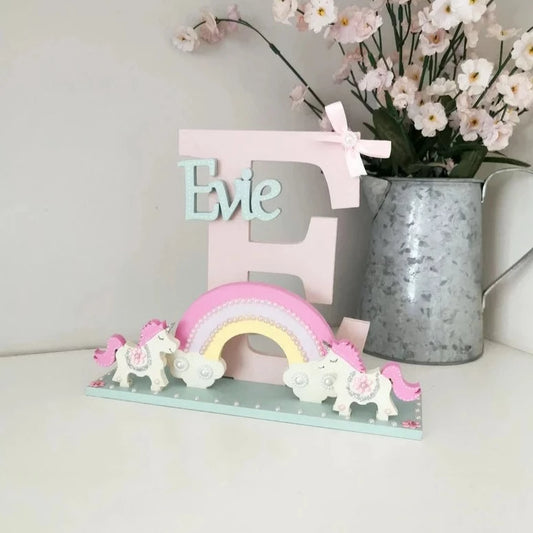 Pretty Pink Unicorn and Rainbow Wooden Initial for a little girls bedroom or Nursery. 
